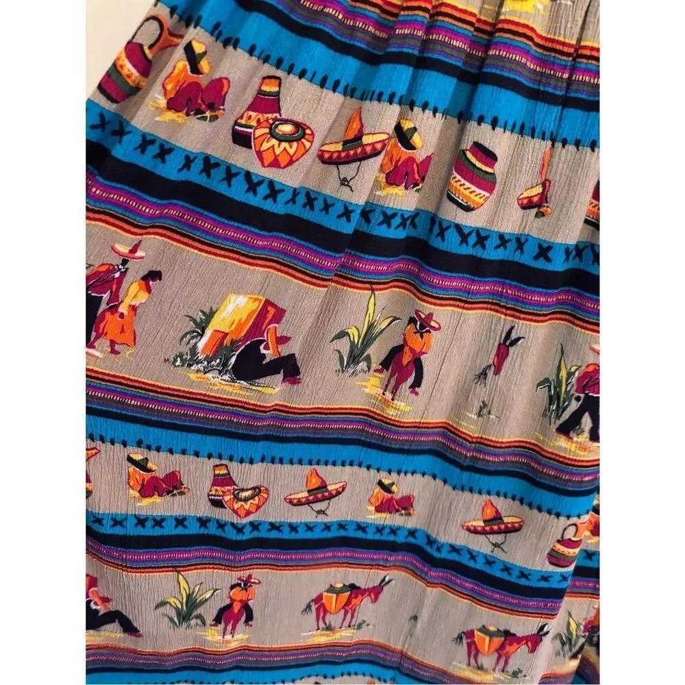 Anthropologie Tan Midi Skirt with Multicolor Southwestern Sombreros and Donkeys